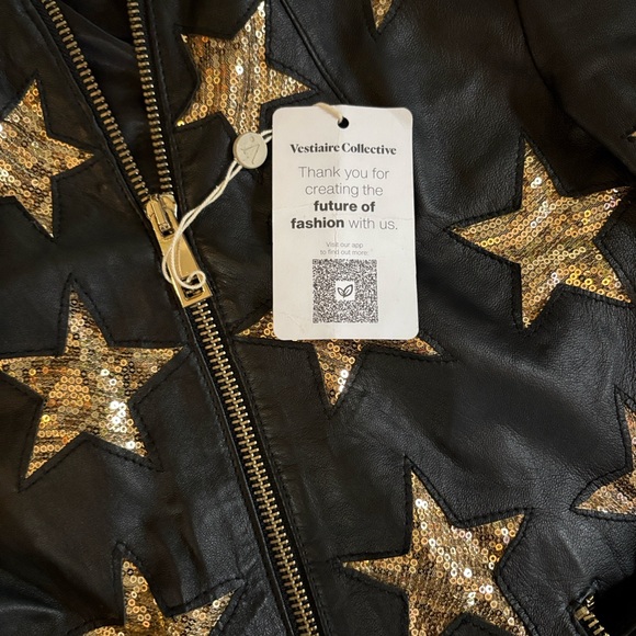 Leather Bomber Jacket with Gold Star Pattern - Picture 4 of 7